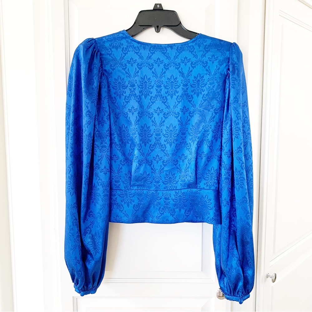 🔵 Ronny Kobo Royal Blue Damask Pattern Satin Eugenia Crop Top Blouse NEW… - Picture 6 of 11